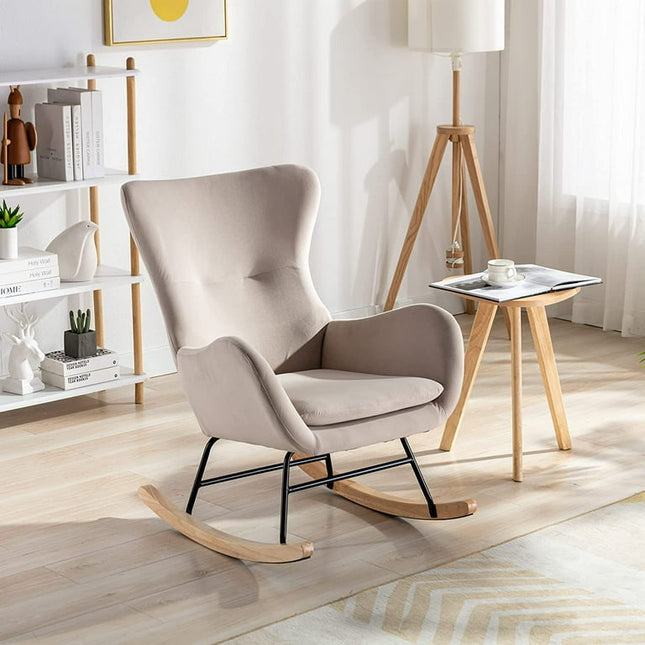 Ucloveria Small Rocking Accent Chair, Uplostered Glider Rocker Armchair for Baby Nursery, Comfy Side Chair for Living Room, Bedroom (Beige+Velvet)