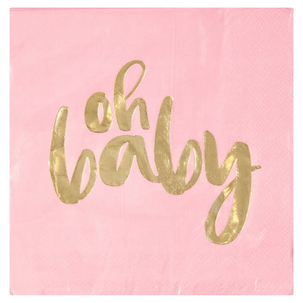 Unique "Oh Baby" Paper Luncheon Napkins, 6.5 in, Pink and Gold, 16 Count