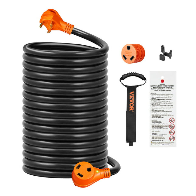 VEVOR 50 ft RV Extension Cord, 30 Amp, Heavy Duty STW RV Power Cord, NEMA TT-30R Female NEMA TT-30P Male Plug, with LED Indicator Handle 15A Adapter, for RVs, trams, generators, Campers, ETL Listed