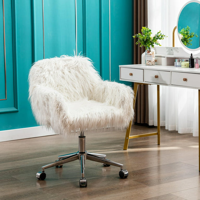 Vanity Chair with Back, Fluffy Desk Chairs for Adults, Swivel Adjustable Office Chair, White Armless Desk Chair, 360° Rotation Girls Women Swivel Make Up Vanity, TE560
