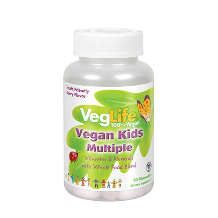 VegLife Vegan Kids Multiple | Natural Berry Flavor Chewable Multivitamin and Mineral | Whole Food Blend w/ Spirulina | No Added Sugar | 60 Chewables