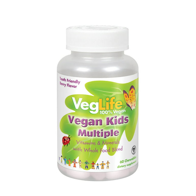 VegLife Vegan Kids Multiple | Natural Berry Flavor Chewable Multivitamin and Mineral | Whole Food Blend w/ Spirulina | No Added Sugar | 60 Chewables