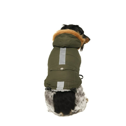 Vibrant Life Dog Clothes: Green Reflective Puffer Jacket with Faux Fur Trimmed Hood, S