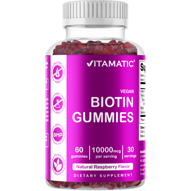 Vitamatic Biotin Gummies 10,000 mcg for Stronger Hair, Skin & Nails - 60 Vegan Gummies - Also Called Vitamin B7