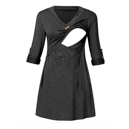 WQJNWEQ Clearance Maternity Tops Women V Neck Rolled Up Sleeve Nursing Shirts Tops for Breastfeeding