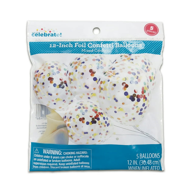 Way to Celebrate! 12inch Birthday Party Decoration Multi-Color Foil Confetti Balloons, 5 Counts