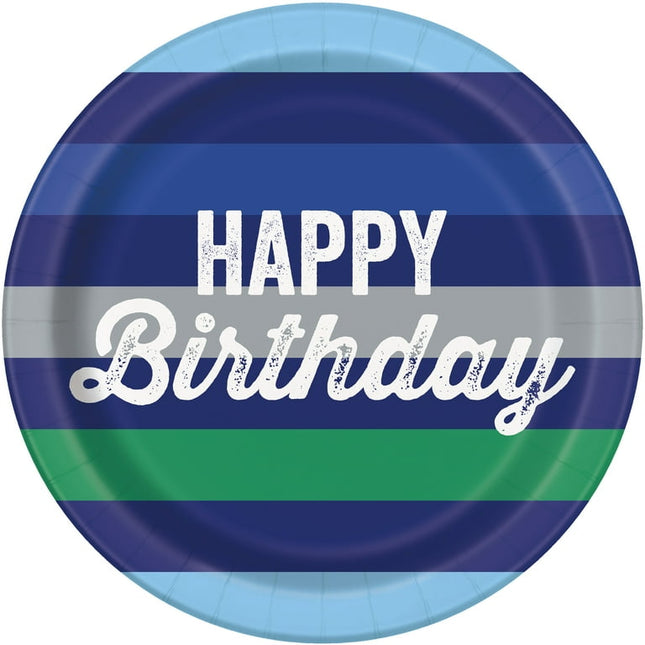 Way to Celebrate! Green & Blue Stripes Birthday Paper Dinner Plates, 9in, 10ct