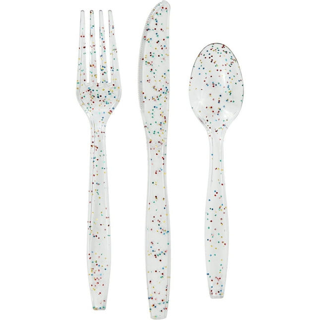 Way to Celebrate Multicolor Rainbow Glitter Plastic Disposable Cutlery Set 24 Ct. All Occasion