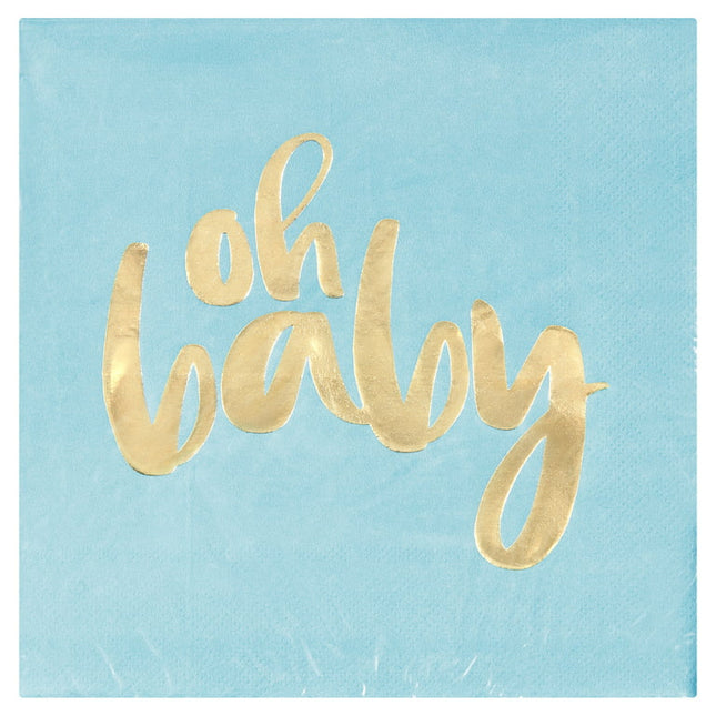 Way to Celebrate! "Oh Baby" Paper Luncheon Napkins, 6.5 in, Blue and Gold, 16ct