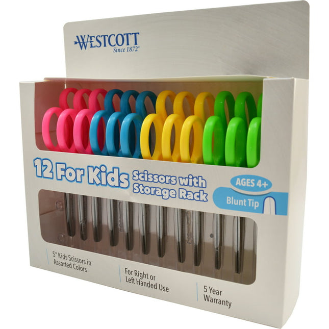 Westcott Kids Scissors, 5", Stainless Steel, Hard Handle, Blunt, for School, 12-Count, Multi-Color