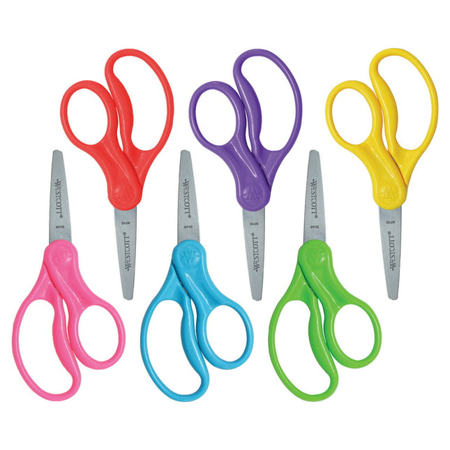 Westcott Kids Scissors, 5", Stainless Steel, Pointed, for School, Assorted Colors, 6-Count