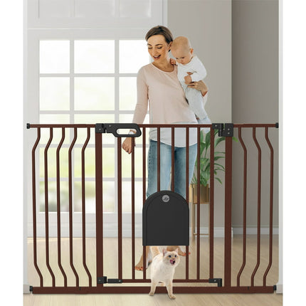 Wisairt Extra Wide Metal Baby Gate with Pet Door for Stairway and Hallway,for Baby Toddler Age Group 6 to 24 Months(Brown)