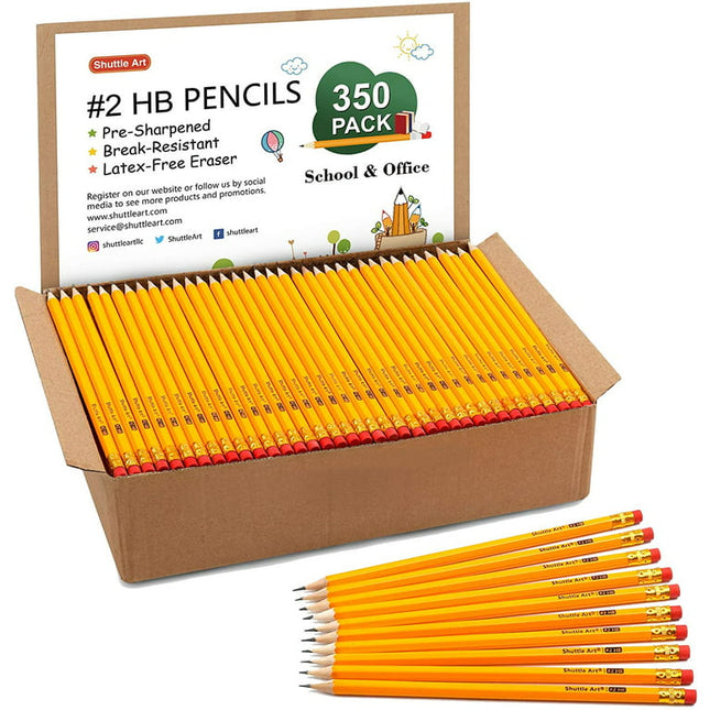 Wood-Cased #2 HB Pencils, Shuttle Art 350 Pack Sharpened Yellow Pencils with Erasers, Bulk Pack Graphite Pencils for School and Teacher Supplies, Writhing, Drawing and Sketching