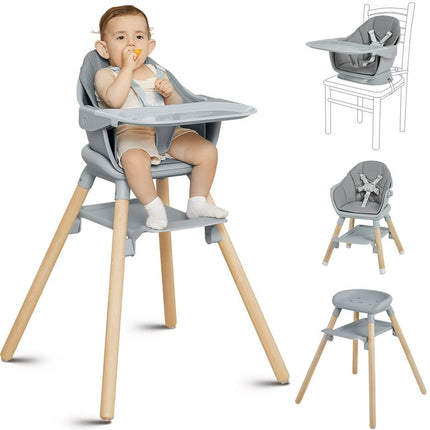 Wooden Baby High Chair, 11 in 1 High Chair, Booster Seat, Toddler Chair, for 2 Babies Use Together, Double Tray Highchair with 5-Point Harness & Clean Easily PU Cushion (Grey)