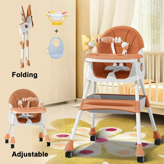 XUDREZ 4-in-1 Baby High Chair Portable Baby Dining Chairs Eat & Play Convertible High Chair with Five-point Snap Button, Double-layer Dinner Plate and Toy Rack, Brown