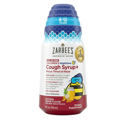 Zarbee’s Kids All-in-One Nighttime Cough, Age 6-12, Honey, Turmeric, B3,6,12 & Zinc, Grape, 4FL Oz