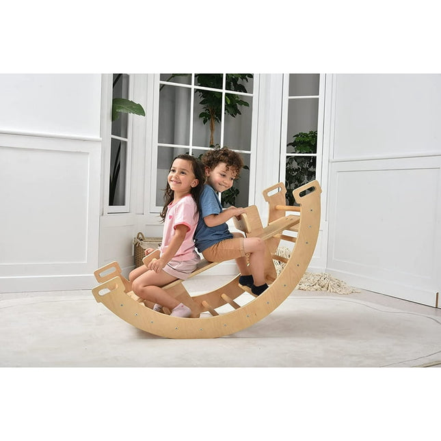 Avenlur BAILIS Seesaw Rocker Climber Arch with Handles and Built in Seat for Toddlers - Montessori Waldorf Style Wooden Colorful Rainbow Arch Climbing Play Structure for Kids (Natural)