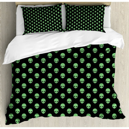 Alien Queen Size Duvet Cover Set, Supernatural Martians Fantastical Beings from Other Planets Head of an Alien, Decorative 3 Piece Bedding Set with 2 Pillow Shams, Fern Green Black, by Ambesonne