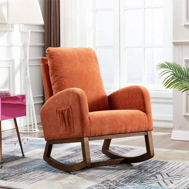 Rocking Chair Modern,Upholstered Glider Rocker Chair for Nursery,Comfy Armchair with Side Pocket for Living Room (Orange)