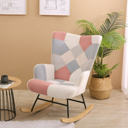 Rocking Chair, Mid Century Fabric Rocker Chair with Wood Legs and Patchwork Linen for Livingroom Bedroom, Pink