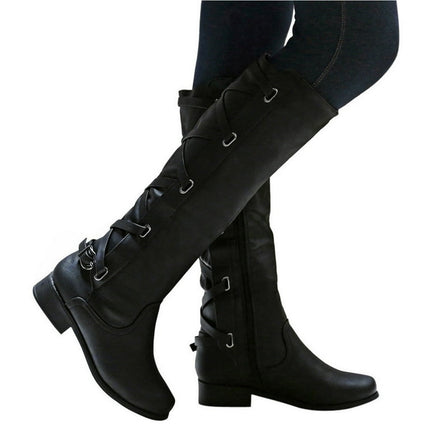Juebong Christmas Deals Women's Boots Belt Buckle Boots Back Lace-Up Rider Boots Flat Over Knee Leather Boots Women,5, Black