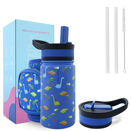 LOCHAS Kids Vacuum Stainless Steel Water Bottle for Toddlers Girls Boys Outdoor Cup with Straw 2 Lids,Insulated Water Bottle with Holder Pouch Carrier Bag,14oz,Dinosaur Print
