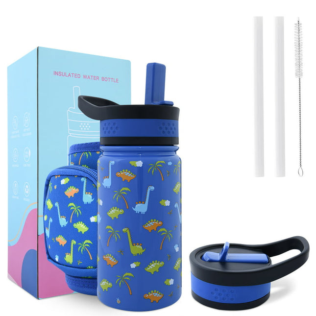 LOCHAS Kids Vacuum Stainless Steel Water Bottle for Toddlers Girls Boys Outdoor Cup with Straw 2 Lids,Insulated Water Bottle with Holder Pouch Carrier Bag,14oz,Dinosaur Print