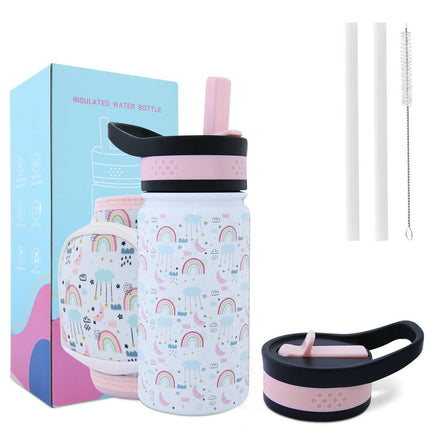 Lochas Kids Vacuum Stainless Steel Water Bottle for Toddlers Girls Boys Outdoor Cup with Straw 2 Lids,Insulated Water Bottle with Holder Pouch Carrier Bag,14oz,Rainbow Print