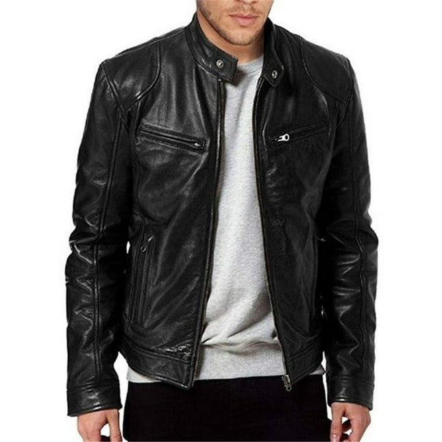 YOLAI Men Vintage Cool Jacket Leather Long Sleeve Autumn Winter Stand Collar Club Coat