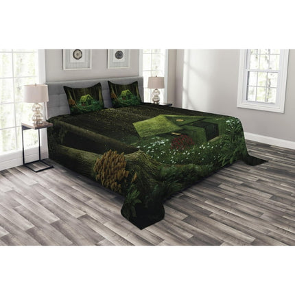 Fantasy Bedspread Set King Size, Surreal Little Forest House in Moss Enchanted Woodland with Elves Design, Quilted 3 Piece Decor Coverlet Set with 2 Pillow Shams, Army and Hunter Green, by Ambesonne