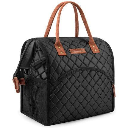 LOKASS Lunch Bag Insulated Lunch Box Wide-Open Lunch Tote Bag Large Drinks Holder Durable Nylon Thermal Snacks Organizer for Women Men Adults College Work Picnic Hiking Beach Fishing,Black-Square