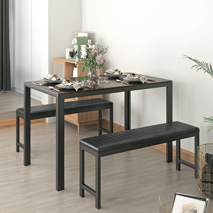 uhomepro Dining Room Table Set, 3-Piece Marble Top Breakfast Nook Dining Table Set with 2 Upholstered Benches, Kitchen Table Set with Metal Frame, Modern Furniture for Home Cafeteria, Brown