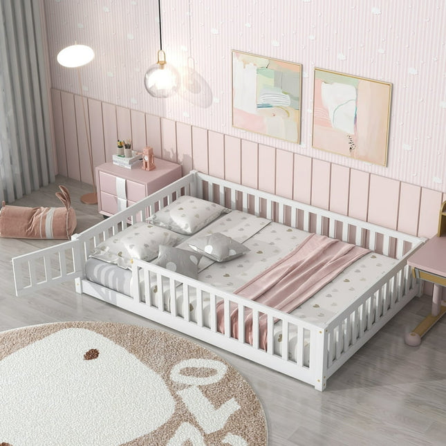 uhomepro Full Size Wood Floor Bed Frame with Fence and Door for Kids, Toddlers, White