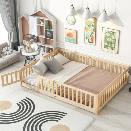 uhomepro Queen Size Wood Floor Bed Frame with Fence and Door for Kids, Toddlers, Natural