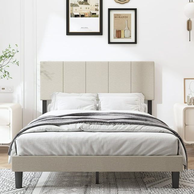 uhomepro Upholstered Platform Full Bed Frame with Headboard, Modern Beige Fabric Linen Queen Bed Frame with Wood Slat Support, Mattress Foundation for Adults Kids, No Box Spring Needed
