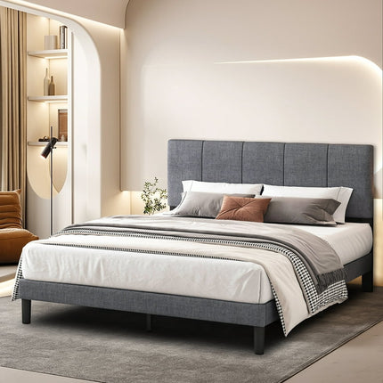 uhomepro Upholstered Platform Full Bed Frame with Headboard, Modern Gray Fabric Linen Queen Bed Frame with Wood Slat Support, Mattress Foundation for Adults Kids, No Box Spring Needed