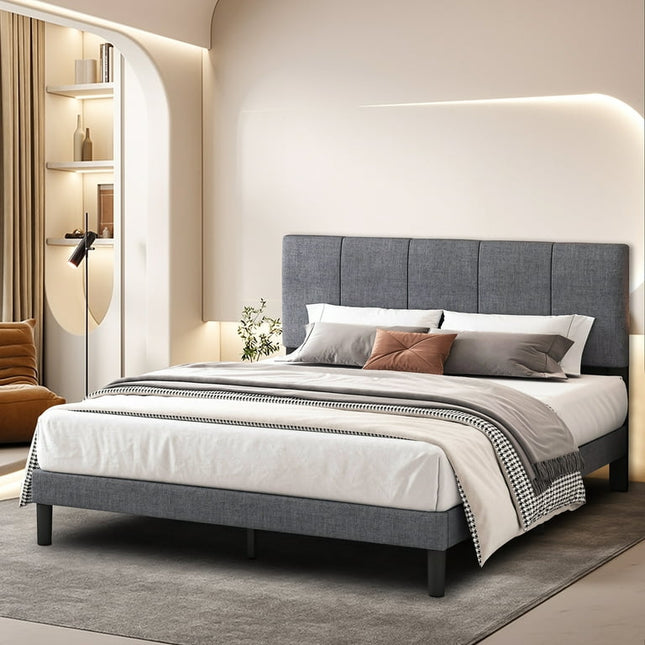 uhomepro Upholstered Platform Full Bed Frame with Headboard, Modern Gray Fabric Linen Queen Bed Frame with Wood Slat Support, Mattress Foundation for Adults Kids, No Box Spring Needed
