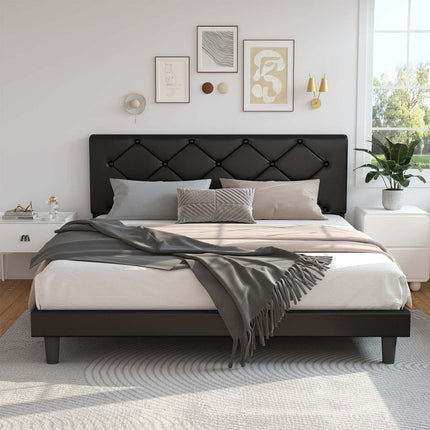 uhomepro Upholstered Platform Queen Bed Frame with Headboard, Modern Black Faux Leather Queen Bed Frame with Wood Slat Support, Mattress Foundation for Adults Kids, No Box Spring Needed