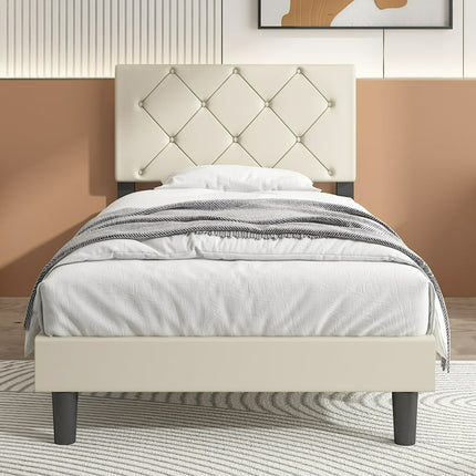 uhomepro Upholstered Platform Twin Bed Frame with Headboard, Modern Beige Faux Leather Queen Bed Frame with Wood Slat Support, Mattress Foundation for Adults Kids, No Box Spring Needed